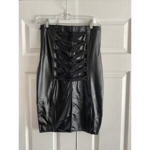 LoveHoney Womens Large Black Faux Leather Pencil Skirt Tie Back Sexy Bodycon